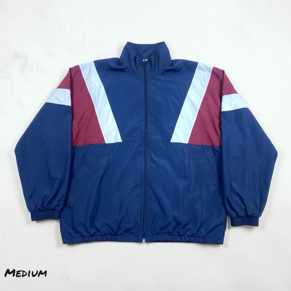 Vintage Men’s MED Red Blue Colorblock Full Zip Windbreaker Jacket 90s Pockets
